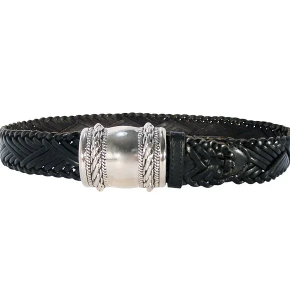 ANN TAYLOR Braided Black Leather Belt Silver Barrel Buckle Women's S - TURKEY - Picture 2 of 5
